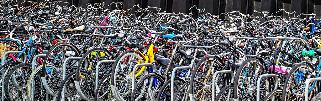Dozens of bikes piled up